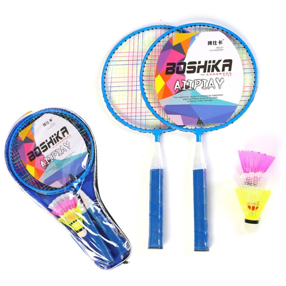 Badminton Raket - ไม้แบดมินตันน้ำหนักเบาสำหรับเด็กชุดไม้แร็กเก็ตสองชั้นของเล่นสำหรับครอบครัวทำจากเหล็กอัลลอยพร้อมอุปกรณ์กีฬากระเป๋าหิ้ว