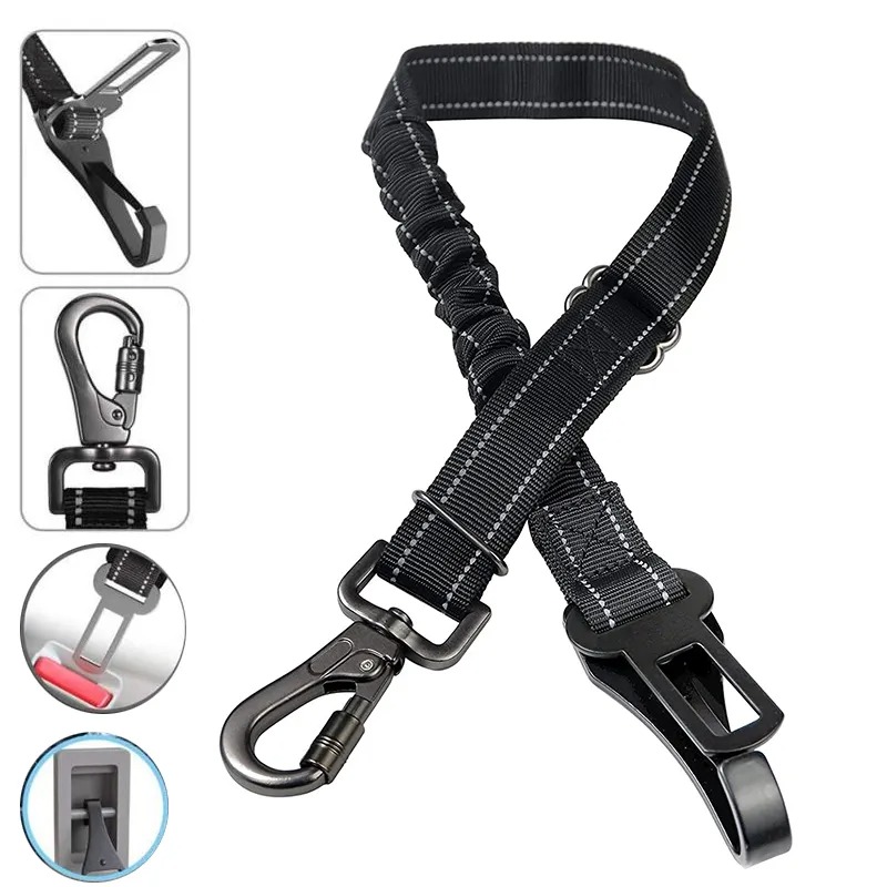 String Tension Clip - 3 In 1 สัตว์เลี้ยงสุนัขเข็มขัดนิรภัยรถยนต์ไนลอนสะท้อนแสงปรับที่นั่งสัตว์เลี้ยงรถคลิปตะกั่วความปลอดภัยเชือกสําหรับสุนัขขนาดใหญ่ขนาดเล็ก